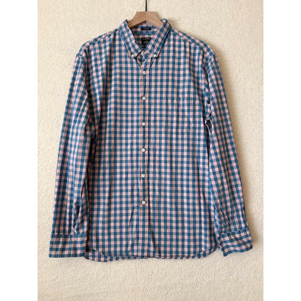 J.Crew Shirt Mens 2XL Blue Pink Check Flex Washed Long Sleeve Button Up Casual